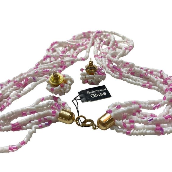 Vintage Pink and White Bohemian Glass MultiStrand Necklace Set NWT - Picture 10 of 15